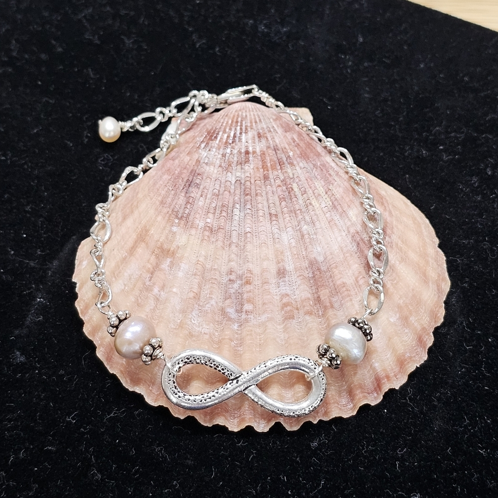 Pearl and 925 Silver Figaro Chain Bracelet Vintage - Picture 3 of 13